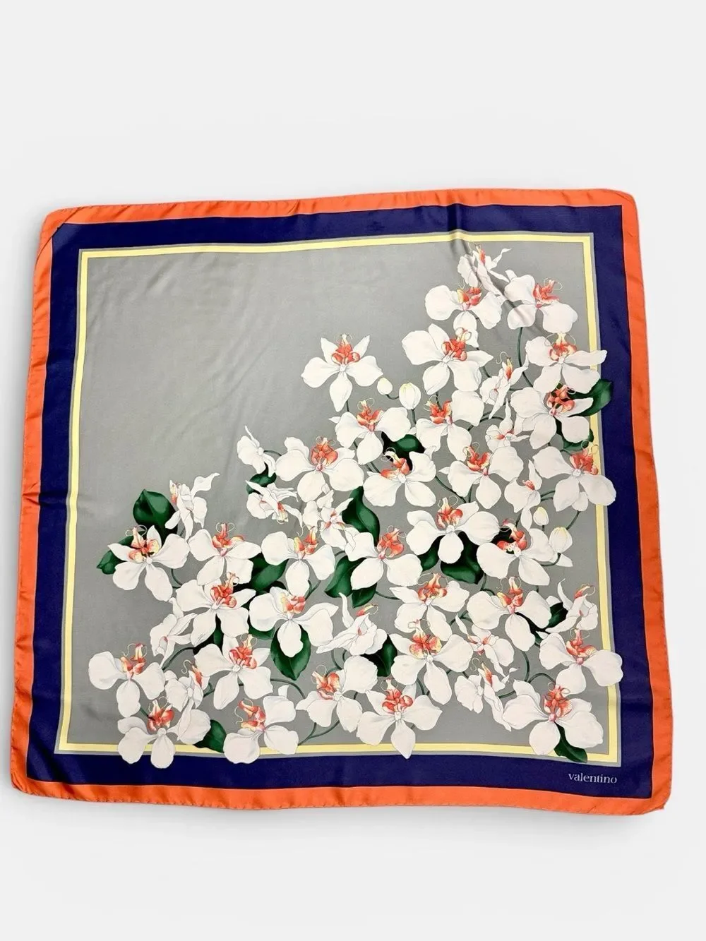 Valentino Twill Silk Scarf Gray with White Orchids